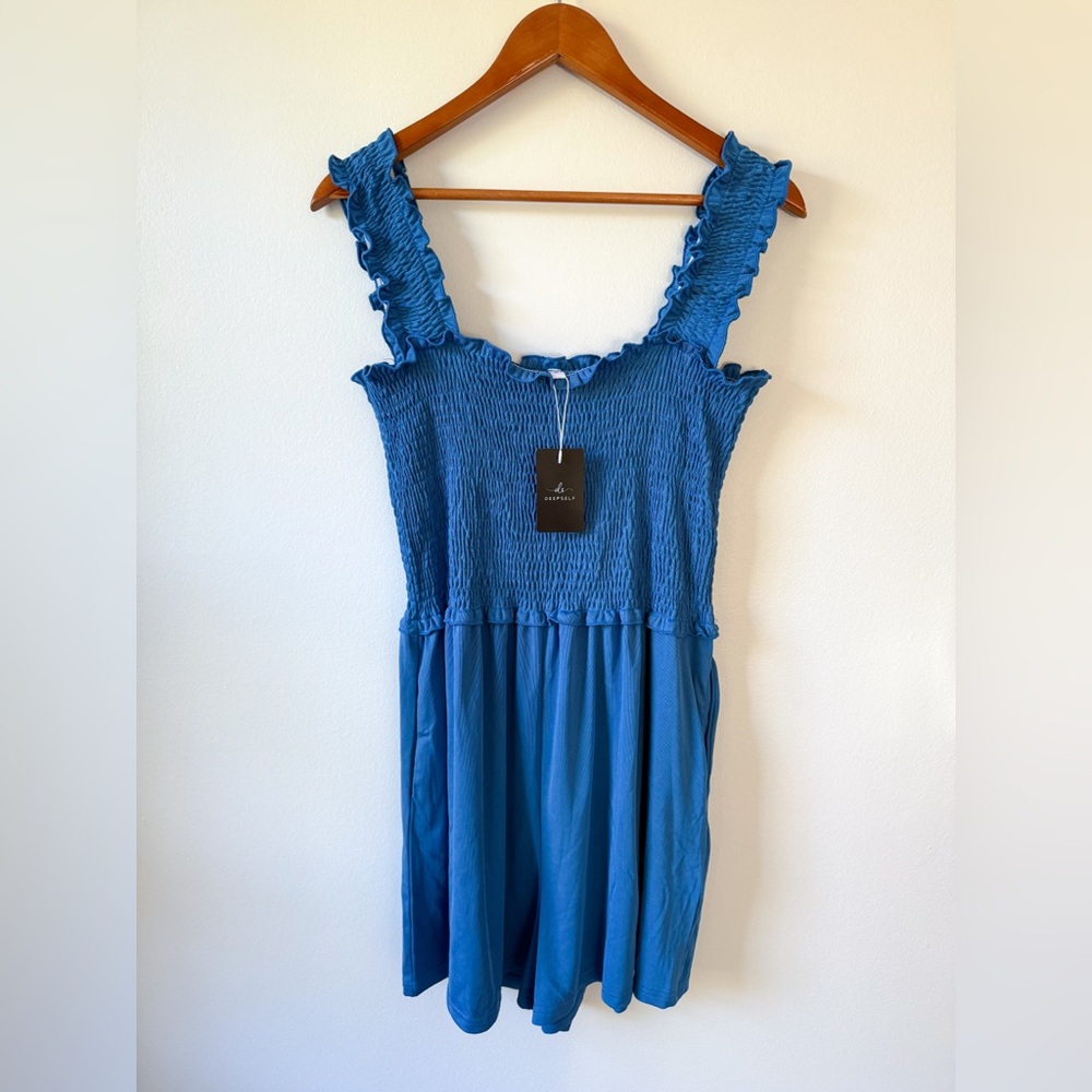 Blue Smocked Sleeveless Romper